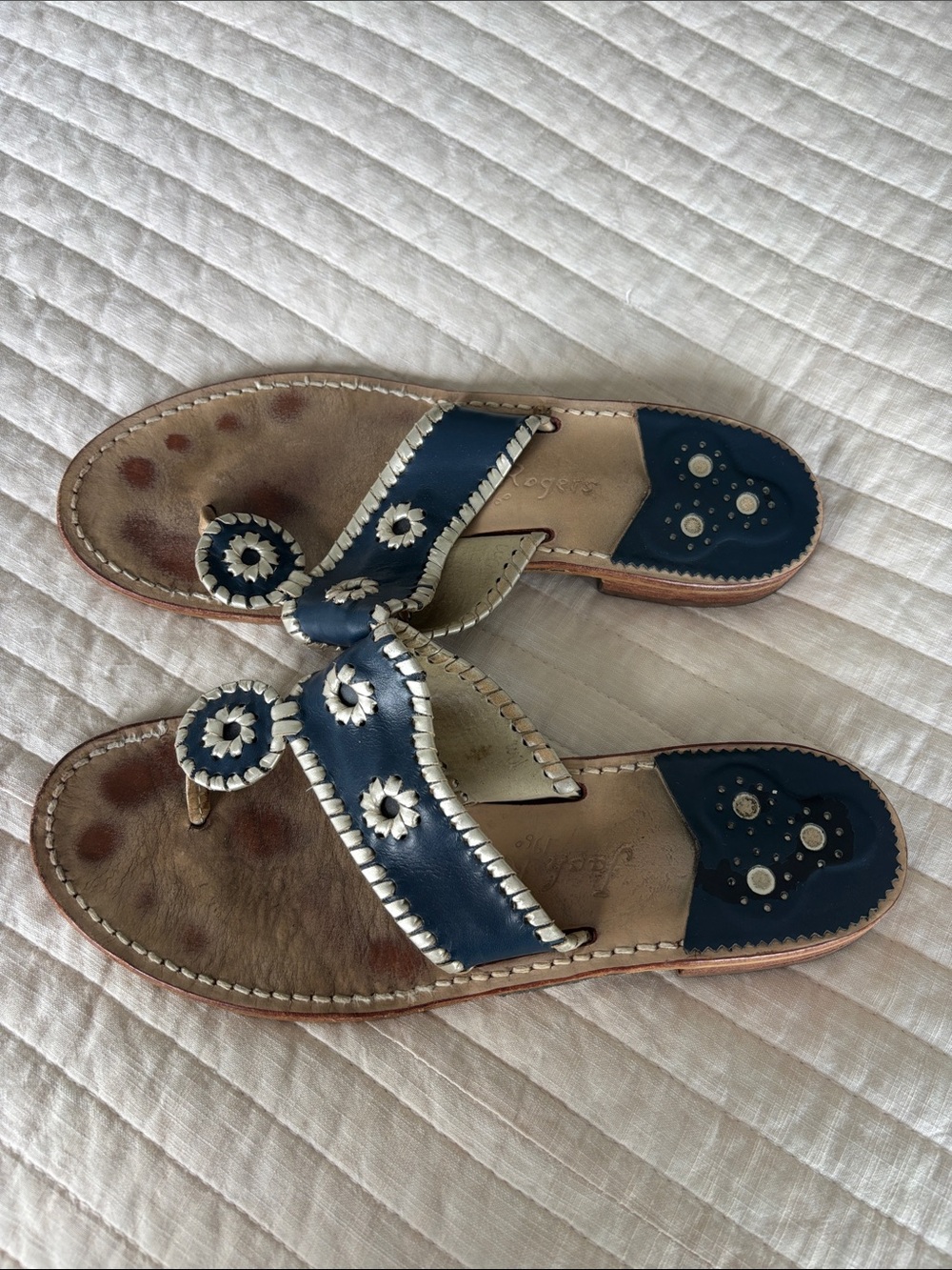 Jack Rogers Navy Floral Stitch Leather Thong Sandals